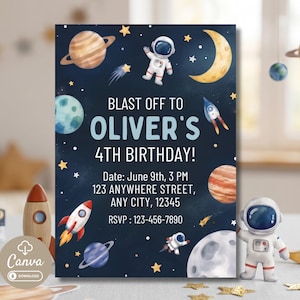 Outer Space Birthday Invitation Template, Editable Astronaut Party Invite, Galaxy Theme Printable, Canva Template, 5x7 Digital Download