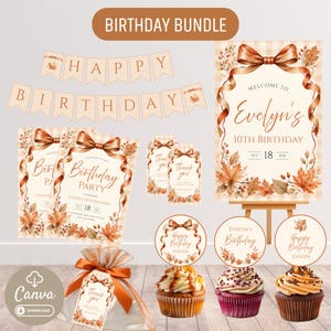 Könnte beinhalten: Ein Geburtstagsparty-Set mit einem 'HAPPY BIRTHDAY'-Banner, einem Willkommensschild, Einladungen, Dankeskarten und Cupcake-Toppern. Das Design umfasst ein beiges Vichy-Muster, braune Schleifen und Herbstblätter mit dem Text 'Evelyn's 10th Birthday'.