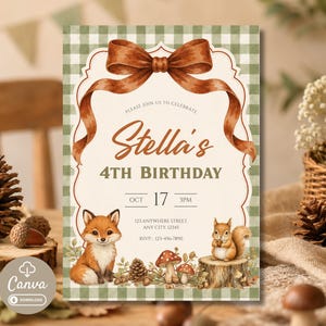 Woodland Fox Squirrel Birthday Invitation, Autumn Forest Celebration, Rustic Gingham Bow, Editable Canva Template