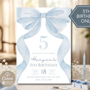 Blue Bow 5th Birthday Invitation Template, Coquette Girl Party Invite, Editable Canva Design