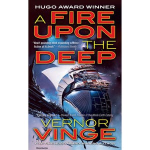 May include: Book cover for "A Fire Upon the Deep" by Vernor Vinge. The cover features a futuristic spaceship design in shades of blue and silver against a cosmic background. Text includes the title, author's name, and award information.
