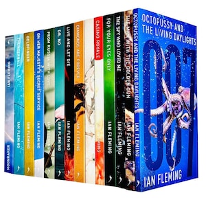 May include: A collection of Ian Fleming James Bond novels. The book spines are various colors, including blue, yellow, red, and green. The titles include "Octopussy and the Living Daylights", "Casino Royale", and "Goldfinger".