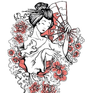 Può includere: Illustrazione in bianco e nero di una donna in abito tradizionale con un ventaglio, circondata da fiori rossi. Il testo "THE DREAM OF THE RED CHAMBER - HUNG LOU MENG" e il nome dell'autore, Xueqin Cao, sono inclusi.