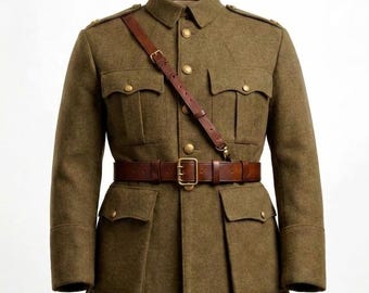 Khaki Brown Wool Officer Tunic Historical Military Uniform Coat Reenactment Officer Jacket with Leather Sam Browne Belt