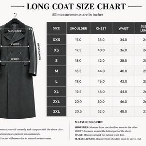 May include: A dark grey double-breasted long coat displayed next to a size chart titled LONG COAT SIZE CHART. The chart lists measurements in inches for sizes XXS through 3XL, including shoulder, chest, waist, and sleeve length dimensions.