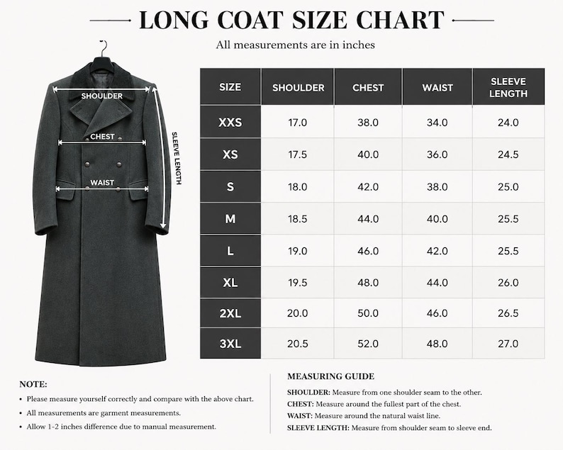 May include: A dark grey double-breasted long coat displayed next to a size chart titled LONG COAT SIZE CHART. The chart lists measurements in inches for sizes XXS through 3XL, including shoulder, chest, waist, and sleeve length dimensions.