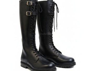 Handmade Black Leather Tall Lace up Riding Boot - Men's Knee High Leather Combat Boots