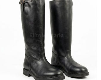 German Officer Riding Boots: Handmade Black Leather Jack Boots, Tall Military Riding Boots for Men