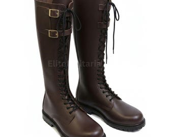 Handmade German Officer Boots: Brown Leather Tall Lace Riding Boots, Military Officer Knee High Boot