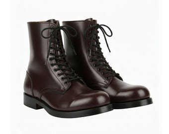 Brown Leather Combat Boots Men Handmade Lace Up Ankle Boot Rugged Army Officer Boots