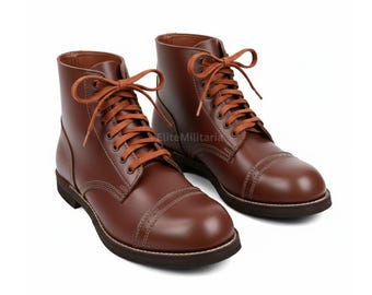 Handmade American Service Combat Boots: Brown Leather Military Ankle Shoes