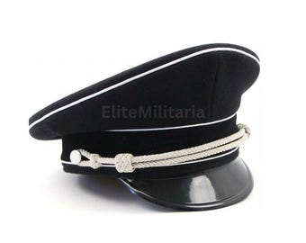 Black Wool Officer Cap for Men, Vintage Military Visor Hat Silver Cord Peaked Cap, Historical Reenactment Costume Uniform Hat