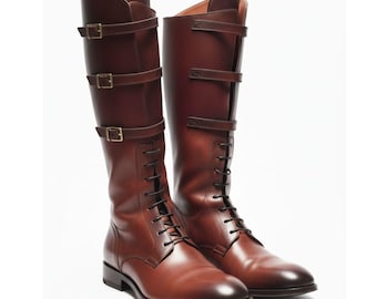 Brown Leather Horse Riding Boots Tall Knee High Equestrian Boot Lace Up Buckle Strap Unisex Riding Boot
