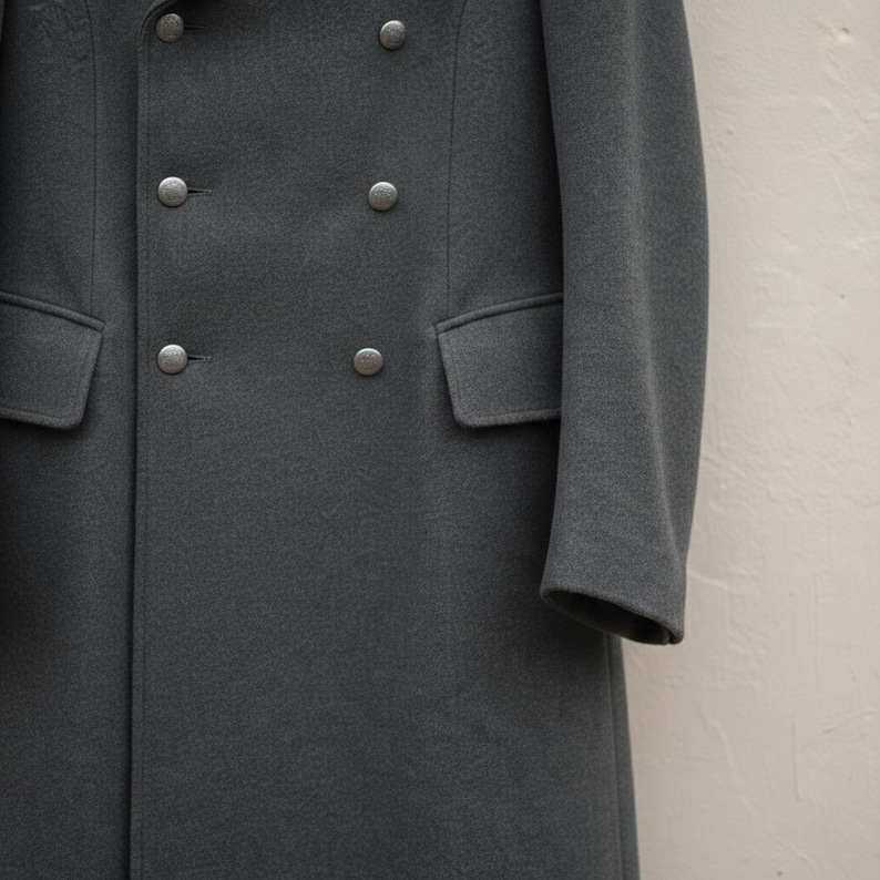 May include: A dark charcoal grey double-breasted coat featuring six round metallic buttons arranged in two vertical columns. The coat includes two horizontal flap pockets positioned at the waistline and long sleeves with clean, finished cuffs.