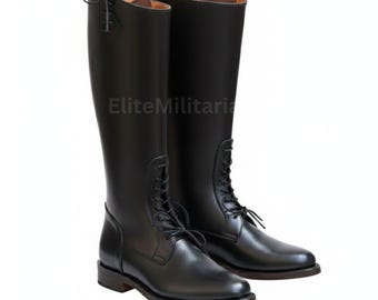 Handmade Leather British Officer Boots: Vintage Tall Military Lace up Riding Boots