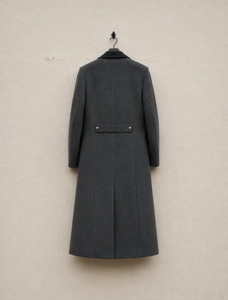 May include: A long, charcoal grey coat featuring a dark black collar and a horizontal back belt detail secured with two metallic buttons. The coat has a structured silhouette with vertical seams and a single vent at the bottom hem, hanging on a hanger.