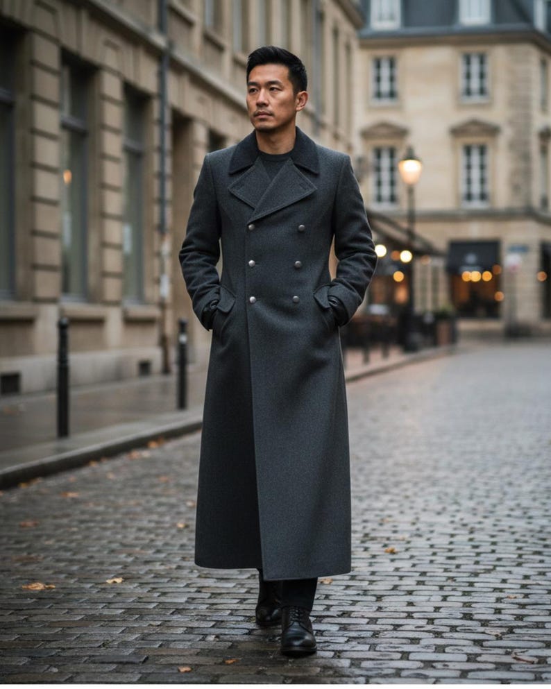 May include: A charcoal grey double-breasted long coat featuring a wide notched lapel, a dark collar, and two rows of silver-toned buttons. The coat extends to the lower calf and includes two side pockets, worn over a dark shirt and dark trousers.