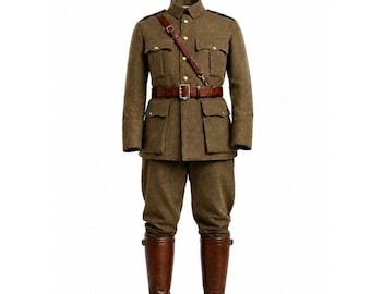 Historical Military Officer Uniform Set | Khaki Brown Wool Tunic, Breeches, Leather Belt & Tall Riding Boots | Reenactment Costume