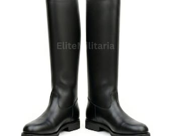 German Officer Boots Rubber Sole: Handmade Black Leather Jackboots, Tall Military Riding Boots for Men