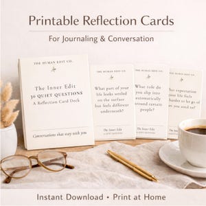 Può includere: Un set di "Schede di Riflessione Stampabili" per il journaling e la conversazione. Le carte sono bianche con testo nero, con domande e il testo "The Inner Edit". Sono visibili anche una tazza di caffè, occhiali e penne.