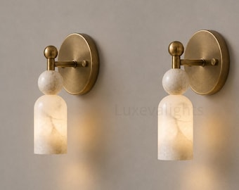 Mid Century Modern Alabaster Wall Sconce, Brass Marble Cylinder Wall Light, Italian Stone Bedside Lamp, Luxury Bathroom Vanity Lighting