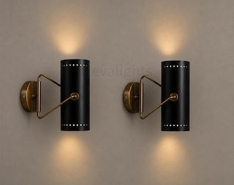 Mid Century Modern Messing Wandleuchter Paar, Zylinder Wandleuchte, verstellbare Schwing Arm Wandleuchte, schwarze Messing Wandleuchte, Schlafzimmer Leselicht