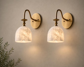Modern Alabaster Wall Sconce Pair, Antique Brass Bathroom Vanity Light Fixture, Mid Century Brass Wall Light, Handmade Luxury Wall Lamp
