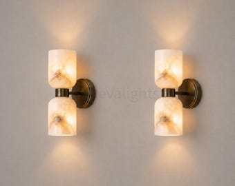 Modern Double Alabaster Wall Sconce Pair, Antique Brass Wall Light Fixture, Mid Century Bathroom Vanity Light, Handmade Luxury Wall Lamp