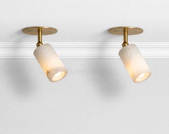 Mid Century Modern Brass Ceiling Spotlight Alabaster Shade Adjustable Flush Mount Light Minimalist Italian Stilnovo Ceiling Fixture Lighting
