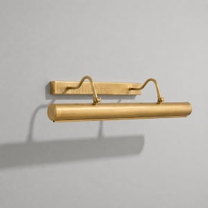 May include: A brass-toned picture light fixture. The fixture has a rectangular backplate with a curved arm on each side, supporting a cylindrical light. The light is designed to illuminate artwork. The fixture is mounted on a gray wall.
