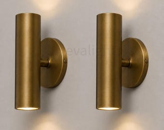 Mid Century Modern Messing Zylinder Wandleuchter Paar, minimalistisches Up Down Licht, modernes Badezimmer Waschtisch Licht, luxuriöse Flur Beleuchtungskörper