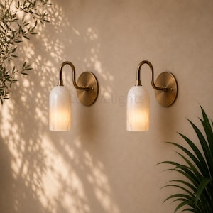 Modern Alabaster Wall Sconce Pair, Antique Brass Wall Light Fixture, 1950s Mid Century Bathroom Vanity Light, Handmade Brass Wall Lamp