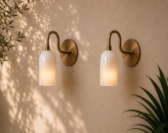 Modern Alabaster Wall Sconce Pair, Antique Brass Wall Light Fixture, 1950s Mid Century Bathroom Vanity Light, Handmade Brass Wall Lamp