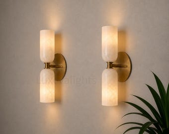 Mid Century Modern Alabaster Wall Sconce Pair, Brass Bathroom Vanity Light, Italian Double Cylinder Wall Lamp, Luxury Wall Light Fixture