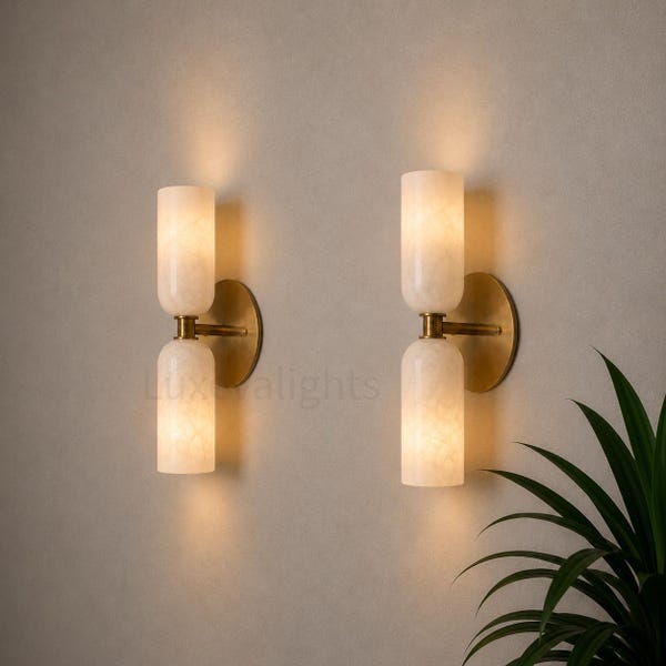 Mid Century Modern Alabaster Wall Sconce Pair, Brass Bathroom Vanity Light, Italian Double Cylinder Wall Lamp, Luxury Wall Light Fixture