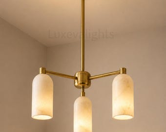 Modern Alabaster Chandelier, 3 Light Brass Pendant Light, Mid Century Modern Ceiling Fixture, Luxury Lighting for Dining Room Kitchen Island