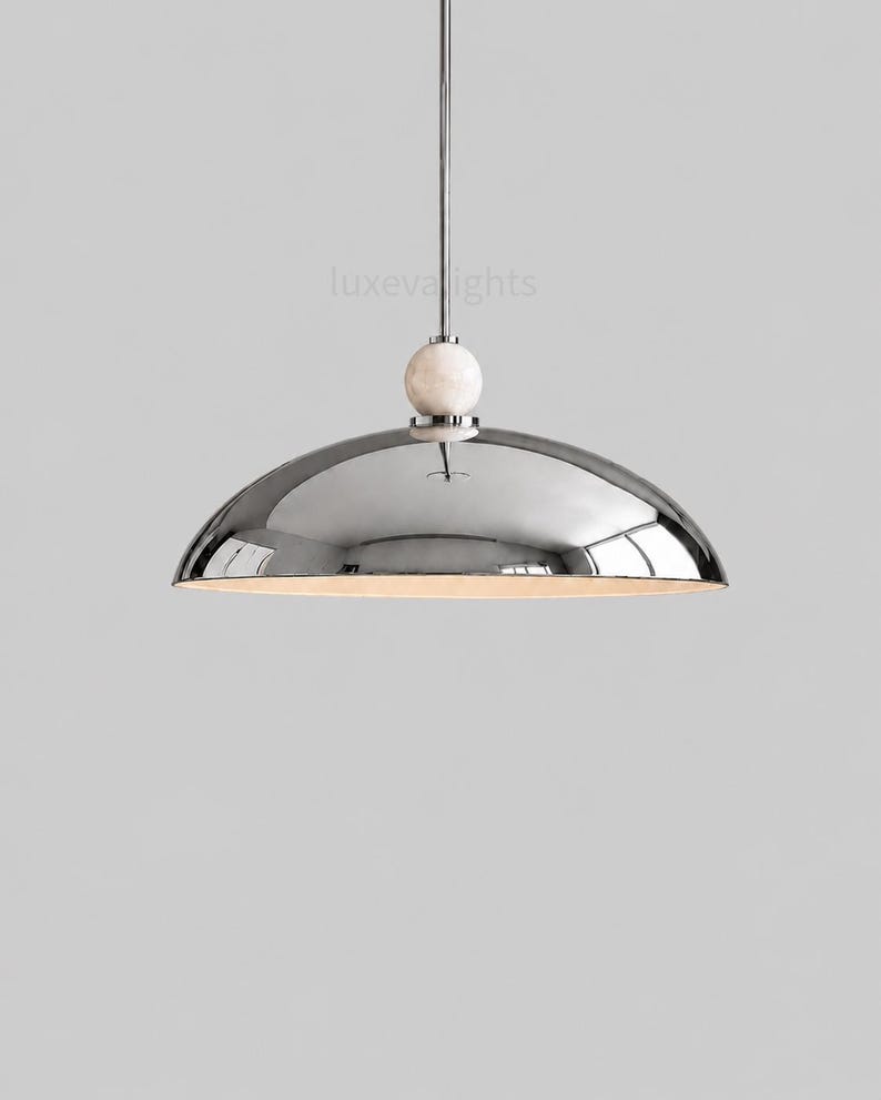 Mid Century Modern Dome Pendant Light, Italian Modern Hanging Lamp, Luxury Chrome Pendant Lighting, Alabaster Ball Ceiling Light, Minimalist Kitchen Island Fixture
1950s Mid Century Modern Dome Pendant Light, Italian Modern Hanging Lamp, Luxury Chrome Ceiling Light, Minimalist Kitchen Island Fixture
Mid century modern chrome dome pendant light with alabaster ball detail, luxury Italian modern hanging lamp for kitchen island or dining room
modern designer lighting for dining room kitchen spaces