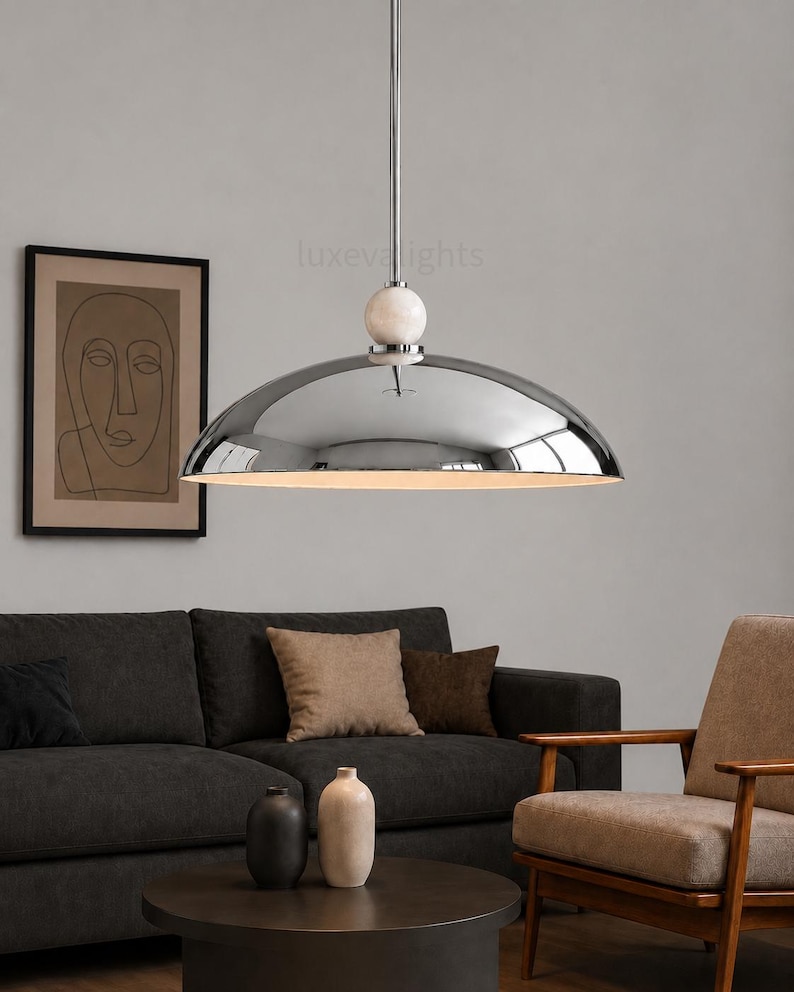 Mid Century Modern Dome Pendant Light, Italian Modern Hanging Lamp, Luxury Chrome Pendant Lighting, Alabaster Ball Ceiling Light, Minimalist Kitchen Island Fixture
1950s Mid Century Modern Dome Pendant Light, Italian Modern Hanging Lamp, Luxury Chrome Ceiling Light, Minimalist Kitchen Island Fixture
Mid century modern chrome dome pendant light with alabaster ball detail, luxury Italian modern hanging lamp for kitchen island or dining room
modern designer lighting for dining room kitchen spaces
