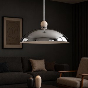 Mid Century Modern Dome Pendant Light, Italian Modern Hanging Lamp, Luxury Chrome Pendant Lighting, Alabaster Ball Ceiling Light, Minimalist Kitchen Island Fixture
1950s Mid Century Modern Dome Pendant Light, Italian Modern Hanging Lamp, Luxury Chrome Ceiling Light, Minimalist Kitchen Island Fixture
Mid century modern chrome dome pendant light with alabaster ball detail, luxury Italian modern hanging lamp for kitchen island or dining room
modern designer lighting for dining room kitchen spaces