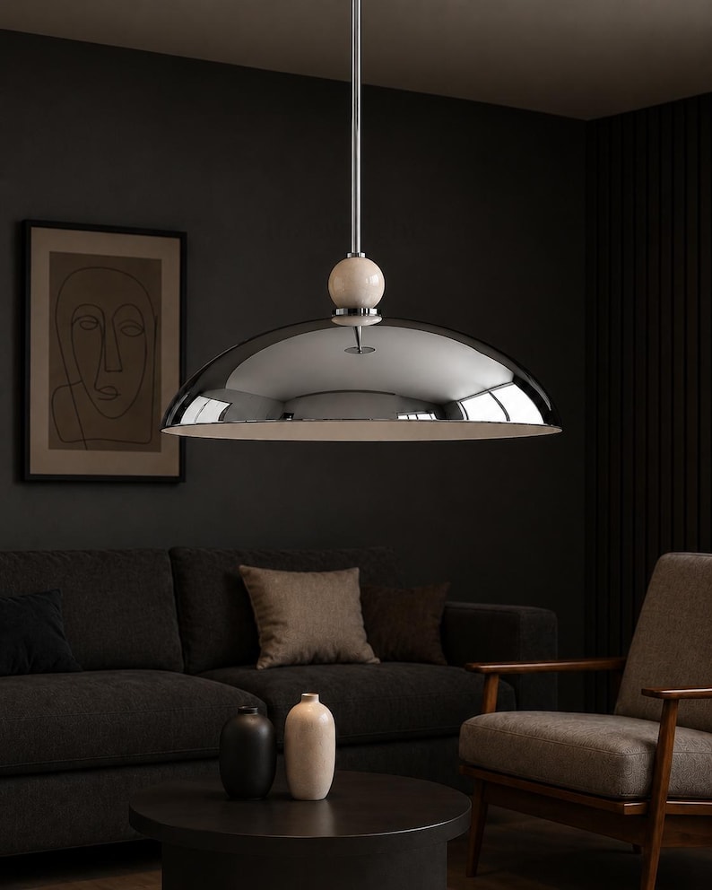 Mid Century Modern Dome Pendant Light, Italian Modern Hanging Lamp, Luxury Chrome Pendant Lighting, Alabaster Ball Ceiling Light, Minimalist Kitchen Island Fixture
1950s Mid Century Modern Dome Pendant Light, Italian Modern Hanging Lamp, Luxury Chrome Ceiling Light, Minimalist Kitchen Island Fixture
Mid century modern chrome dome pendant light with alabaster ball detail, luxury Italian modern hanging lamp for kitchen island or dining room
modern designer lighting for dining room kitchen spaces