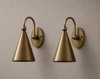 Pair of Mid Century Modern Brass Wall Sconce, Antique Brass Cone Wall Light, Handmade Solid Brass Wall Lamp Bedroom Bathroom Vanity Lighting