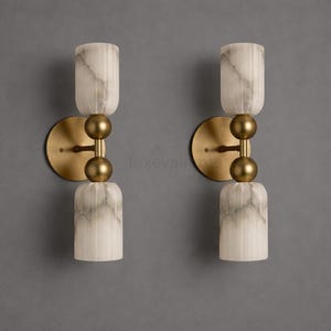 Mid Century Modern Alabaster Wall Sconce Pair Brass Double Cylinder Light Marble Shade Sconce Luxury Bedroom Vanity Lighting For Living Room