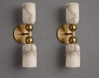 Mid Century Modern Alabaster Wall Sconce Pair Brass Double Cylinder Light Marble Shade Sconce Luxury Bedroom Vanity Lighting For Living Room