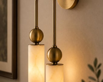 Modern Alabaster Double Wall Sconce, Antique Brass Bathroom Vanity Light Fixture, Mid Century Wall Lamp, Luxury Handmade Wall Lighting