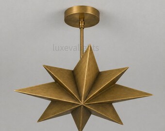 Mid Century Modern Starburst Ceiling Light, Antique Brass Flush Mount Sputnik Light, Geometric Star Ceiling Fixture, Vintage Style Lighting