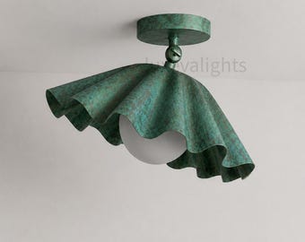 1950er Jahre Mid Century moderne verstellbare Deckenleuchte, Messing mit Rüschen Halbunterputzlampe, handgefertigte Designer Deckenleuchte