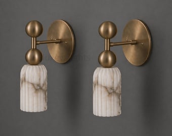 Mid Century Modern Brass Wall Sconce, Alabaster Shade Brass Wall Light, Luxury Marble Bathroom Sconce, Minimalist Bedside Lamp Fixture