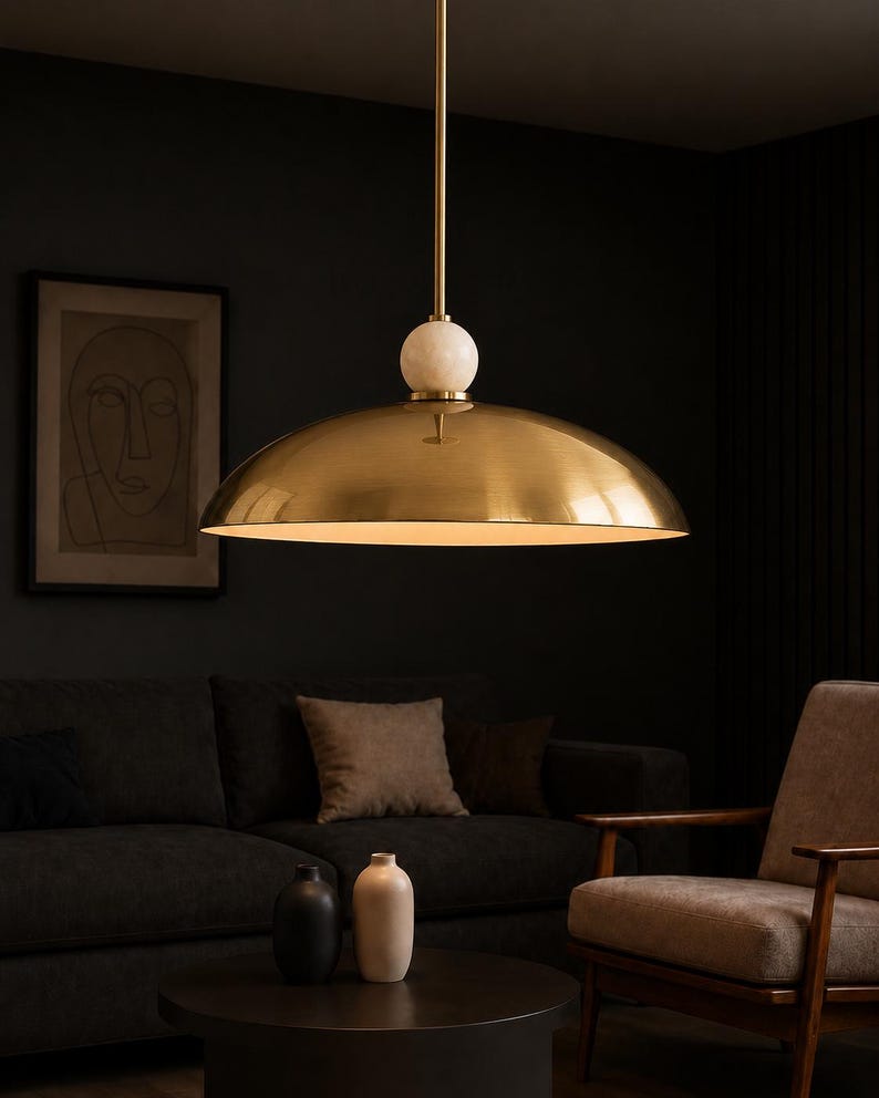 Mid Century Modern Chrome Dome Pendant Light, Italian Modern Hanging Lamp, Luxury Kitchen Island Lighting, Alabaster Ball Ceiling Fixture
Luxury chrome dome pendant lighting fixture in 1950s mid century modern style with natural alabaster accent and minimalist design
Italian modern chrome hanging lamp with large metallic dome shade, minimalist kitchen island pendant light for luxury interiors
Modern chrome ceiling pendant light with alabaster sphere detail, contemporary dome hanging fixture