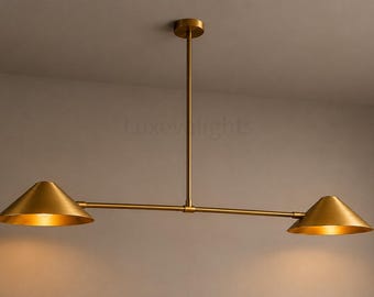 Mid Century Modern Brass Chandelier, Double Cone Pendant Light, Scandinavian Ceiling Light, Modern Kitchen Island Lighting Dining Room Light