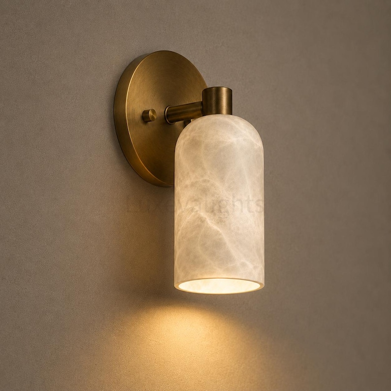Pair of modern natural alabaster wall sconces in solid antique brass, luxury mid century wall lights for bathroom vanity, bedroom bedside, hallway and living room
Mid century modern solid brass wall sconces with glowing natural alabaster shades for elegant home lighting
Contemporary antique brass wall sconces with natural alabaster cylinder shades, luxury interior wall lighting
Modern alabaster wall sconce pair in solid brass, luxury mid century wall lighting for bedroom and bathroom vanity